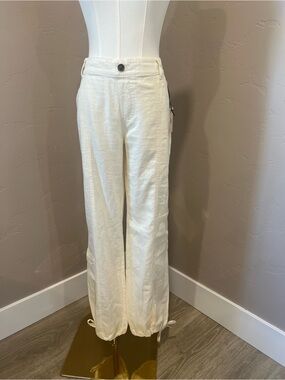 Cream Linen-Blend Drawstring Hem Pants
